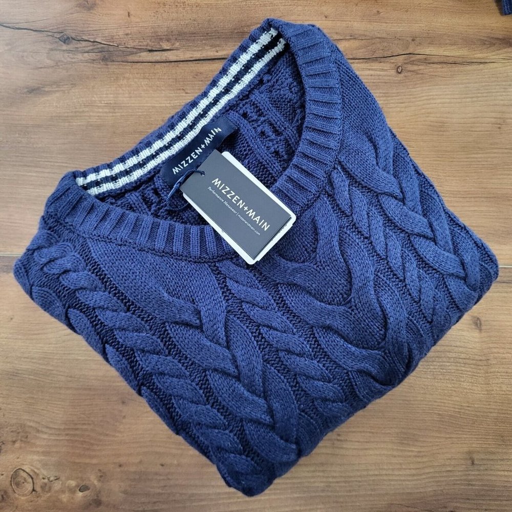 Mizzen + Main Sweater Mens Large Pullover Redford Cable Knit Blue Grandpop NWT - Picture 8 of 8